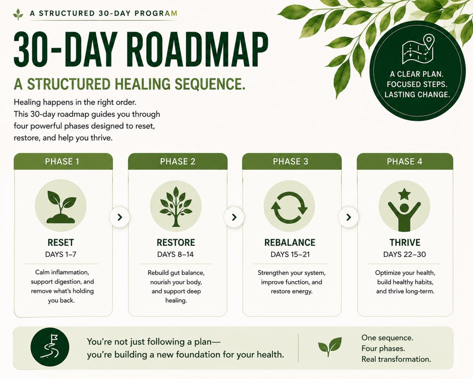30-day roadmap preview showing reset restore rebalance and thrive phases