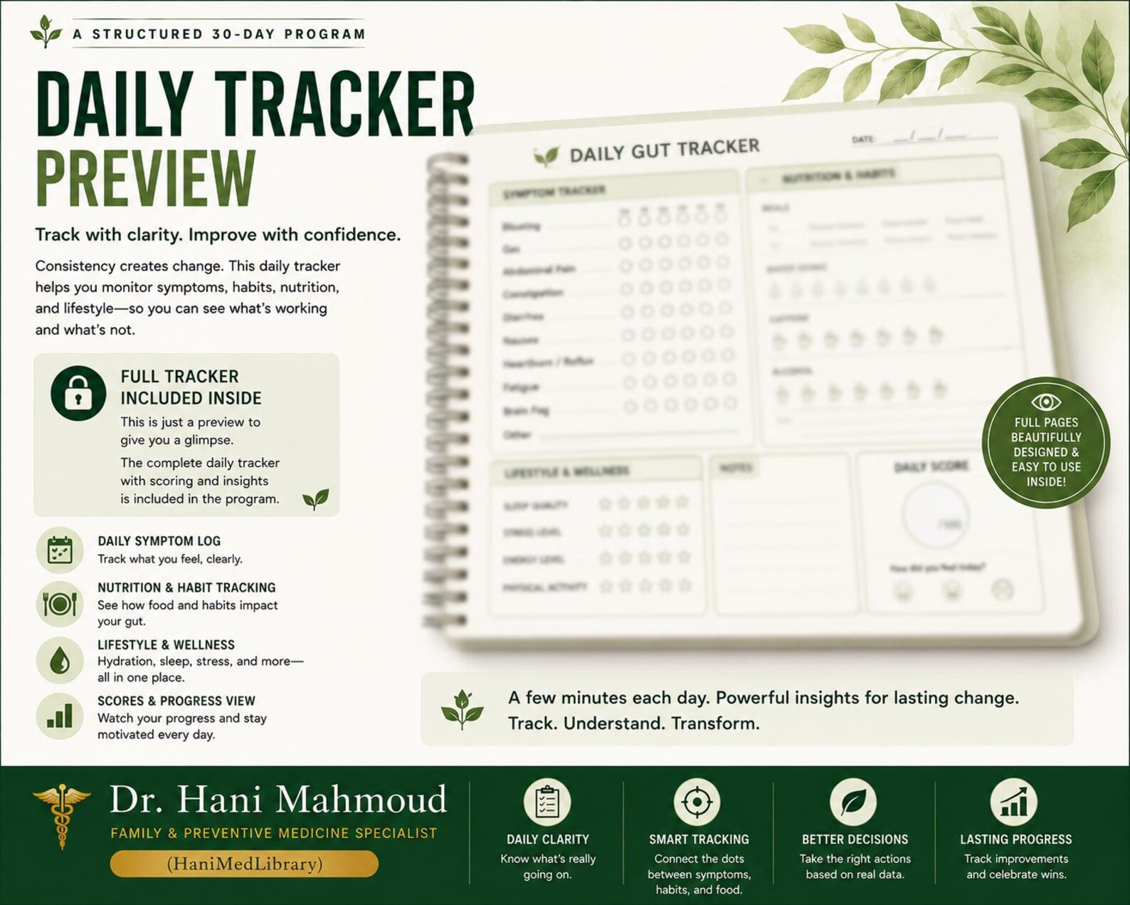 Daily gut tracker preview with symptom and habit tracking