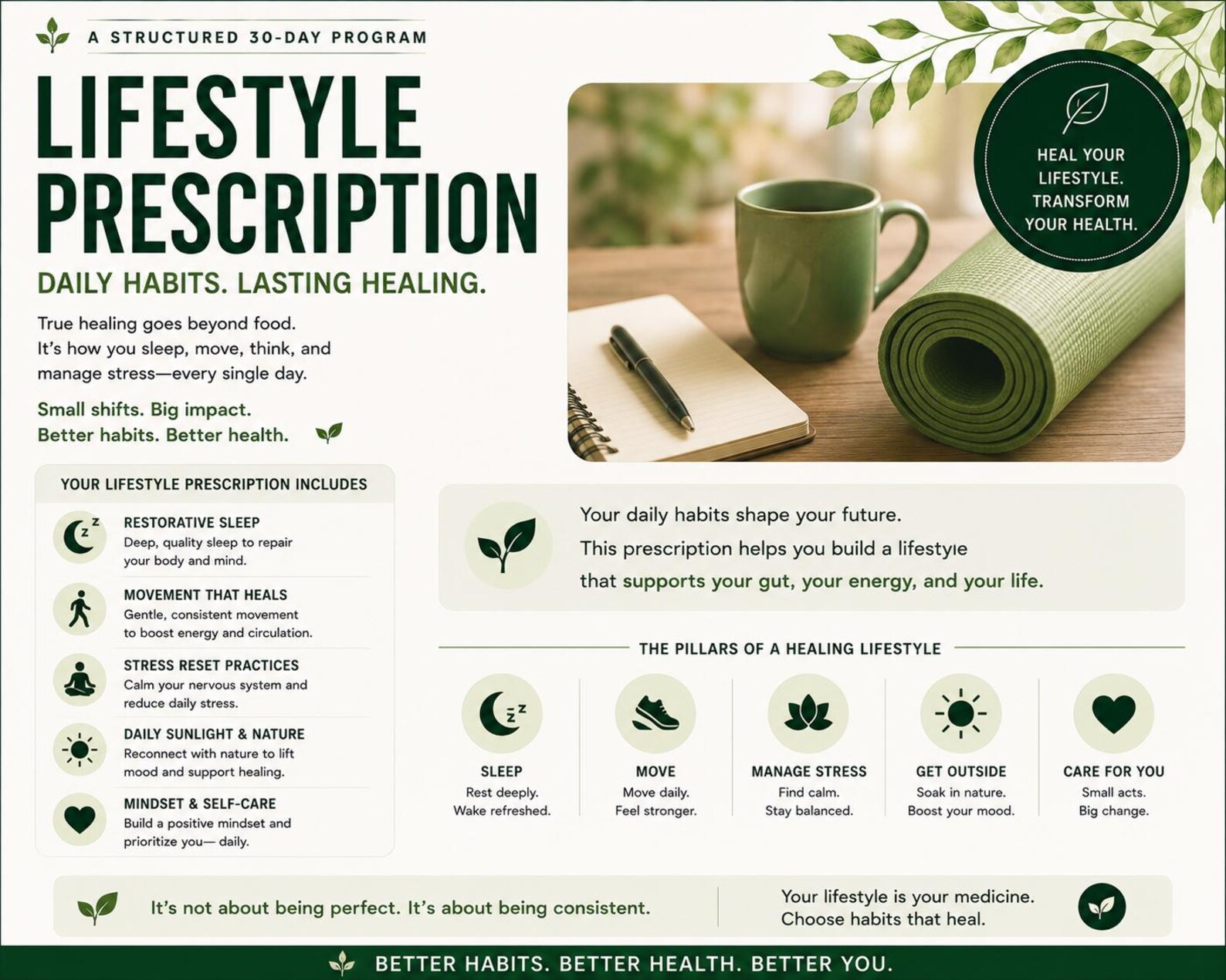 Lifestyle prescription preview with sleep movement stress and self care pillars